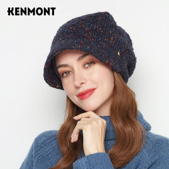 KENMONT 卡蒙 秋冬淑女针织贝雷帽女复古韩版日系百搭堆堆帽加厚km-9202 藏青色
