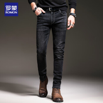 ROMON 罗蒙 牛仔裤男士商务潮流长裤休闲直筒弹力修身裤子男装7703黑灰33