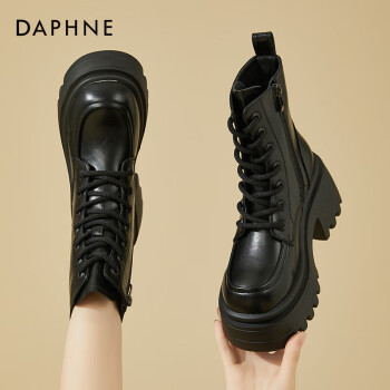 DAPHNE 达芙妮 马丁靴女内增高短靴百搭粗跟高跟黑色加绒女靴4623607126黑色35