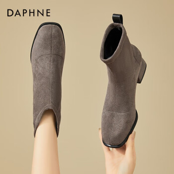 DAPHNE 达芙妮 加绒短靴女气质绒面黑色百搭粗跟瘦瘦靴女靴4623404133 灰色 37