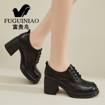 FYGUINIAO 富贵鸟 高跟鞋女粗跟头层牛皮深口时尚单鞋女鞋子 FN0235/1350 黑色 40