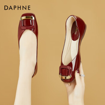 DAPHNE 达芙妮 法式浅口单鞋女平底红色气质船鞋方扣女鞋4623101054 红色 39