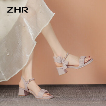 ZHR 凉鞋女夏季休闲百搭鞋子女一字带网纱粗跟女鞋 BL160 浅紫色 37