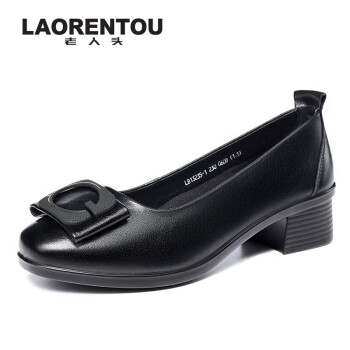 LAORENTOU 老人頭 老人头（LAORENTOU）女单鞋时尚职业粗跟浅口扣饰中跟通勤职业工作女鞋 LB13235 黑36