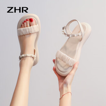 ZHR 凉鞋女珍珠百搭一字带女鞋小香风气质通勤鞋子女 M530 米色 39