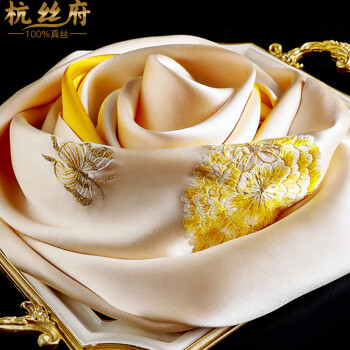 杭丝府 苏绣丝巾真丝女桑蚕丝围巾披肩妈妈生日母亲礼物 蝶恋花-金色