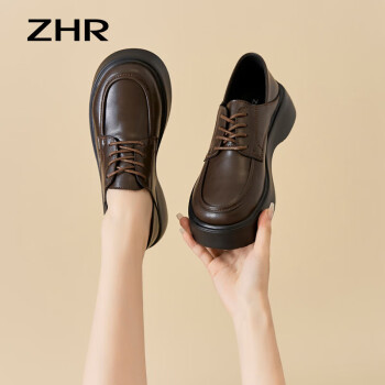 ZHR 小皮鞋女真牛皮两穿英伦单鞋女简约纯色通勤女鞋厚底增高休闲鞋子女 AY71 棕色 37