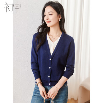 初申 春秋针织衫女时尚简约V领拼接假两件打底衫长袖上衣S141Z3647