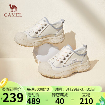 CAMEL 骆驼 户外鞋女撞色拼接平跟系带休闲鞋 L24S283056 米色 35
