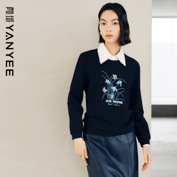 YANYEE 颜域 圆领女士卫衣女秋冬2023时尚气质短款宽松慵懒风上衣 深蓝 S/36