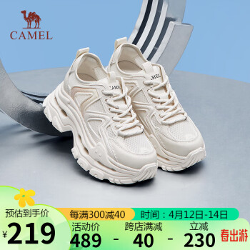 CAMEL 骆驼 老爹鞋女清新网面拼接轻量厚底绑带休闲鞋 L24S577094 米色 38