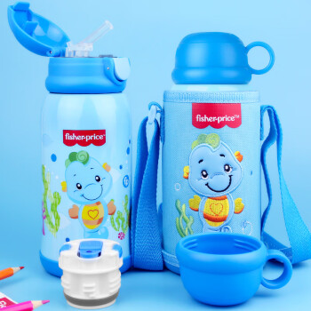 Fisher-Price 儿童保温水杯 316双盖宝防漏防摔吸管杯男女学生户外水壶600ML 蓝色