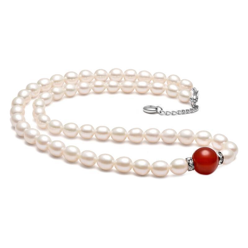 母亲节好礼:京润珍珠 静心925银玉石珍珠项链 45cm 7-8mm 红玛瑙款 399元