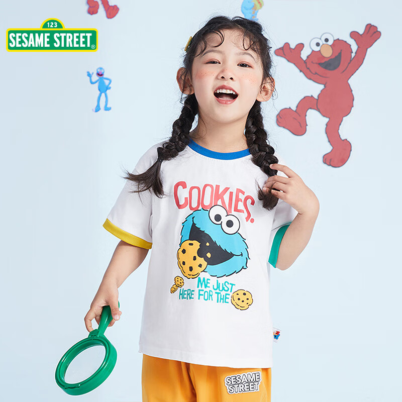 SESAME STREET 芝麻街童装女童短袖t恤夏装衣服女大童半袖上衣儿童夏季t恤 ZT23204白色 150cm 13.23元（39.7元/3件）
