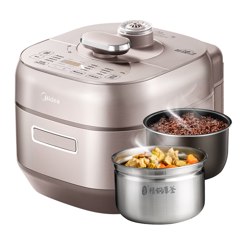 预售:美的 电压力锅 5L 0涂层 双钢胆MY-S5879K+赠电饭煲+电磁炉 596.4元(减赠品价值及旧换新后241元/件)