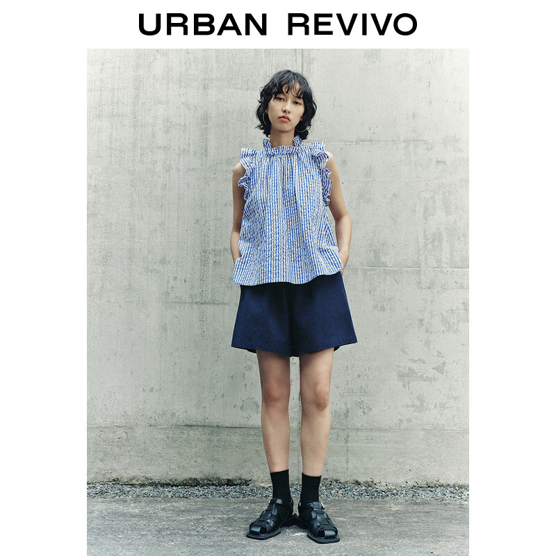 URBAN REVIVO UR2024夏季女休闲简约百搭松紧腰抽绳薄款短裤UWL640028 宝蓝 S ￥68.11