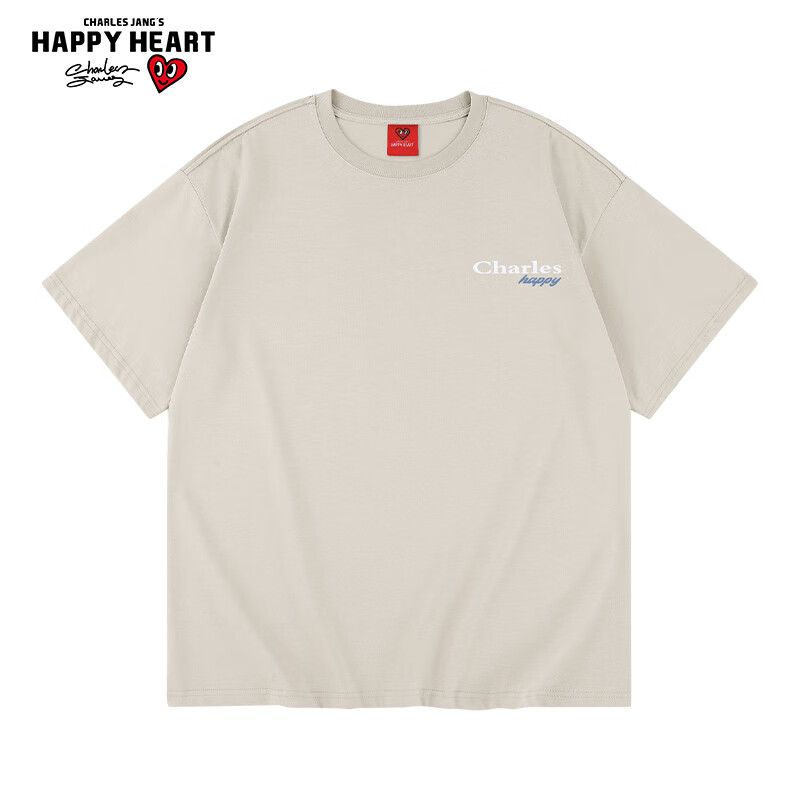 CHARLES JANG'S HAPPY HEART 查尔斯桃心 cleanfit简约基础款纯色纯棉T恤美式休闲宽松情侣短袖男女同款 杏色 券后59元