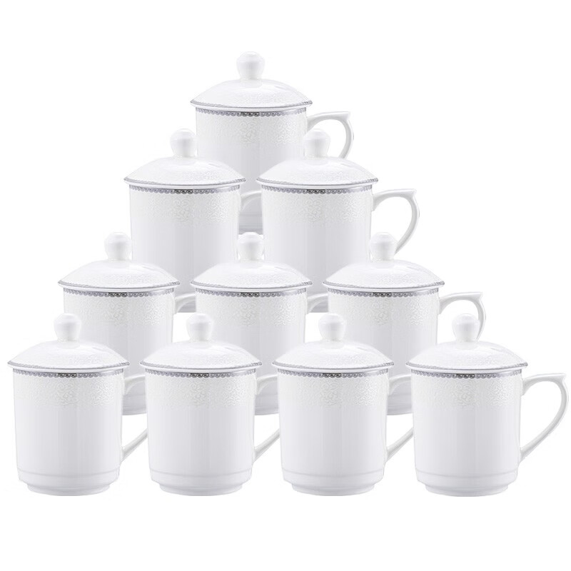 宜宜茶杯陶瓷杯子带盖会议杯开会杯子商务会议办公杯接待水杯套装 如意盖杯-300ml 10只套装 ¥199