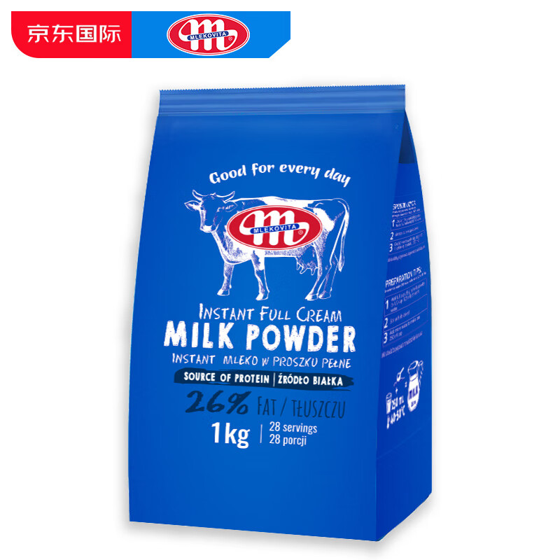 MLEKOVITA 妙可 全脂奶粉1kg成人奶粉波兰高钙高蛋白无蔗糖儿童学生中老年奶粉 32.65元(需买2件,需用券)