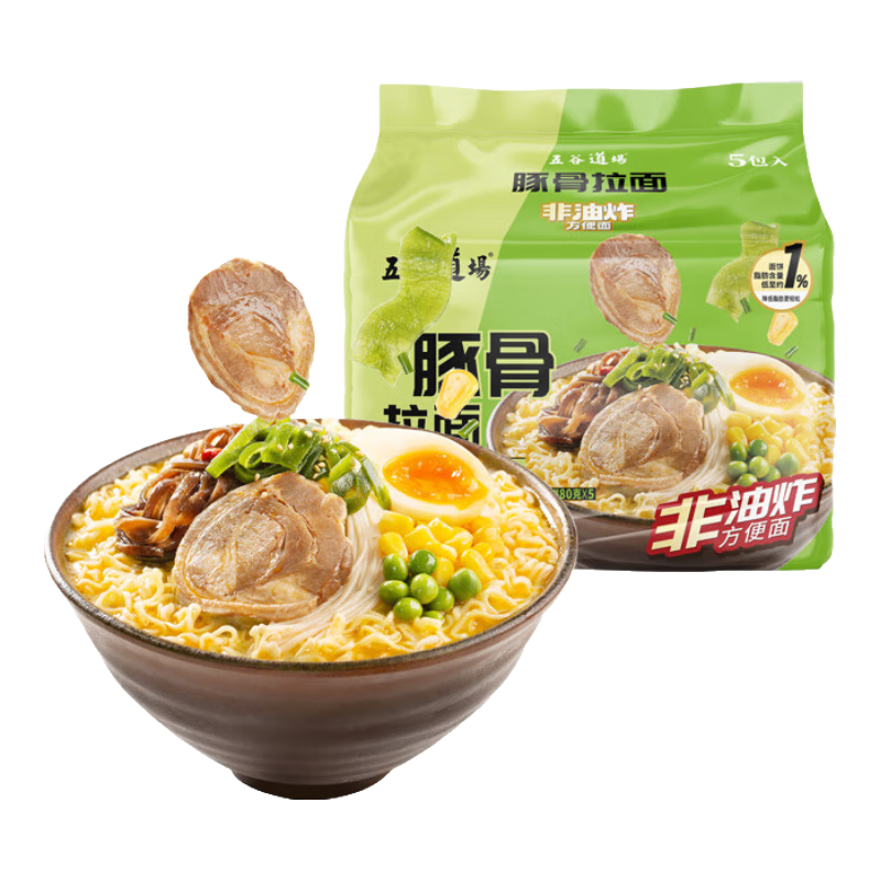 京东百亿补贴、plus会员:五谷道場非油炸方便面陆虎同款 豚骨面五连包95g*5袋 休闲零食 早餐泡面 11.88元