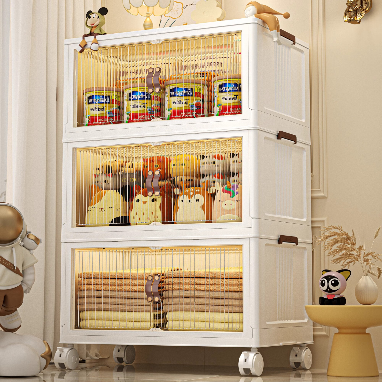 煜柠苑 收纳柜折叠收纳箱家用客厅玩具柜子储物柜零食柜置物柜整理盒厨房 50面宽(三层)+刹车轮 58.53元