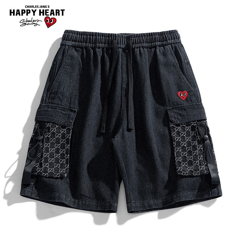 CHARLES JANG'S HAPPY HEART 查尔斯桃心 男士牛仔短裤 多口袋宽松直筒工装休闲短裤 券后109元