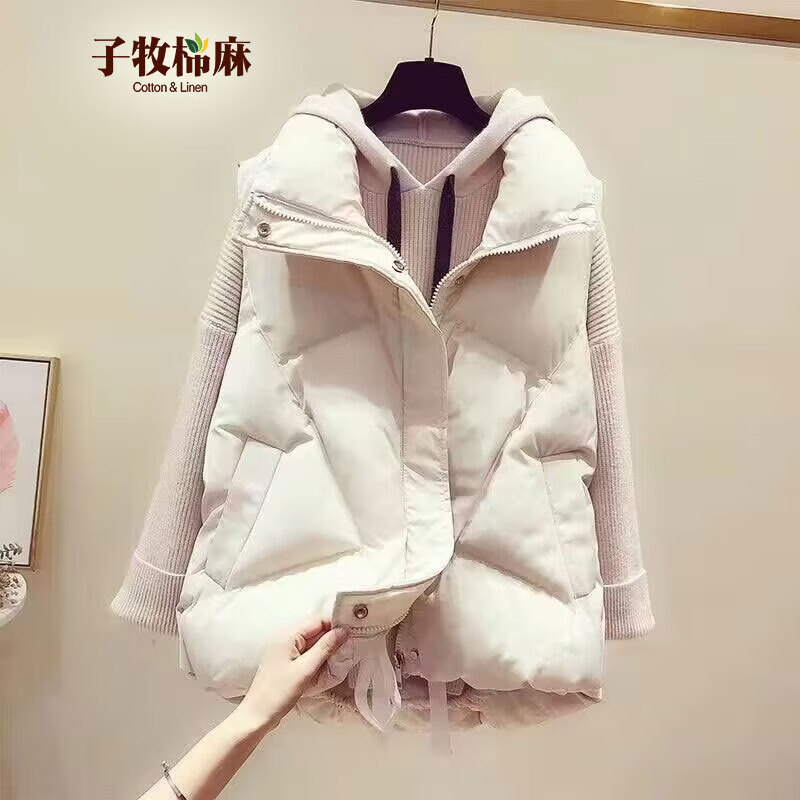 子牧棉麻 2023冬装 女韩版时尚百搭立领棉服马甲坎肩马夹外套2111 米白色 L 券后59元