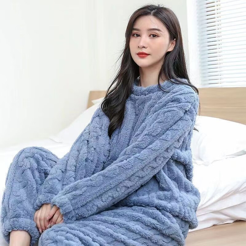 诗莉奥 珊瑚绒睡衣女冬加厚冬季新品长袖套头家居服套装 麻花纹-蓝色 155-175/80-105CM 券后34.9元