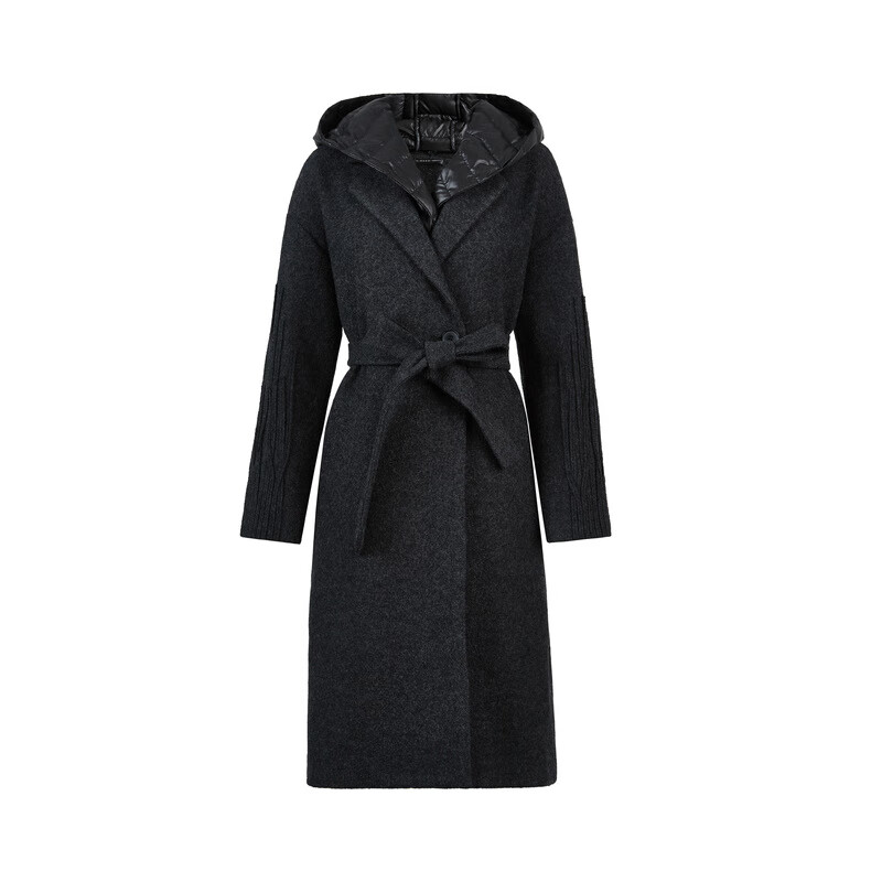 圣迪奥 S.DEER 2022冬季宽松型纯色羊毛女装西装领羽绒拼接收腰长款毛呢大衣 304元