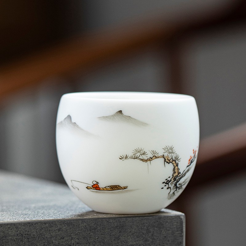 钰铨龙门 德化羊脂玉瓷素烧小号手绘水墨茶杯单个白瓷品茗杯家用陶瓷杯 款式三:钓鱼不倒杯 88元