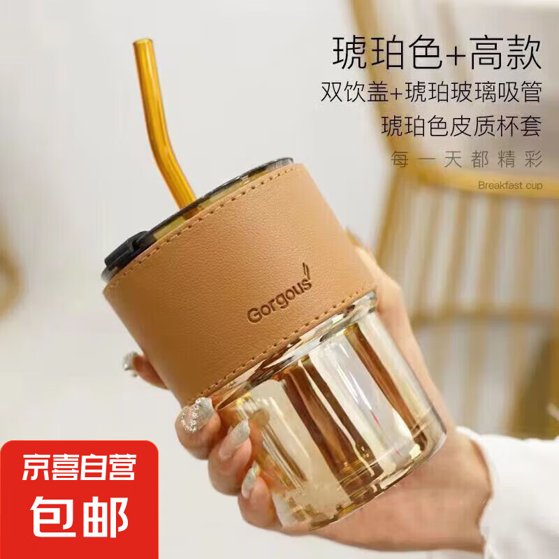 新款玻璃杯子咖啡杯ins高颜值水杯带吸管大容量带盖牛奶杯 琥珀色全套(含吸管+杯盖+皮套) 450ML 2.6（需换购）