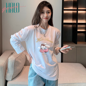 Halo Queen T恤女春季长袖圆领T恤可爱兔子印花T恤宽松显瘦上衣女
