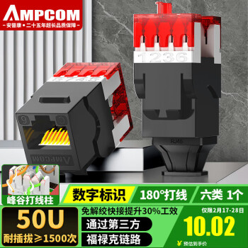 安普康 AMPCOM 网络模块六类 千兆CAT6类网线信息插座面板 RJ45非屏蔽镀金水晶头180°打线网口 黑色 AC6208BK