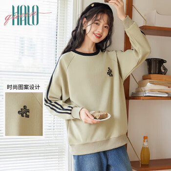Halo Queen 卫衣女春秋圆领撞色条纹拼图图案设计感套头上衣新品