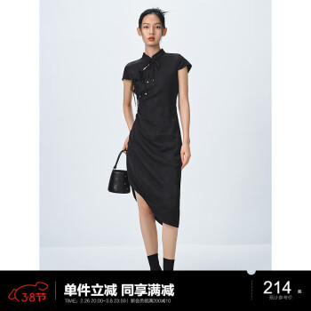 太平鸟 女装新中式国风连衣裙春改良旗袍短袖中长款收腰设计感 黑色 XL