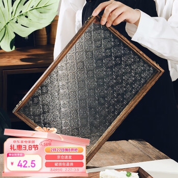 格娜斯 CRISTALGLASS 茶盘实木茶托复古玻璃托盘家用点心盘茶点盘早餐盘海棠花茶水盘 桐木玻璃托盘