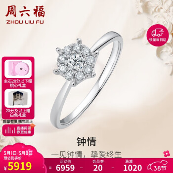 周六福 钻戒女求婚钻石戒指 钟情一克拉效果KGDB020959约20分I-J/SI 12号
