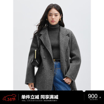 太平鸟 女装毛呢大衣大师甄绒系列女双面呢冬外套时尚 灰色