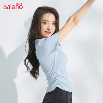 班尼路 抽褶正肩紧身短款短袖T恤女2024年夏季休闲风半袖  雾霾蓝