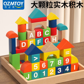 QZMEDU 儿童大颗粒积木幼儿早教拼搭玩具男女孩数字字母认知玩具 48粒大颗粒实木积木