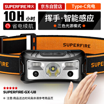 移动端、京东百亿补贴:神火 GX-U8 LED强光头灯夜钓远射USB充电 感应式户外 矿灯头戴式应急灯