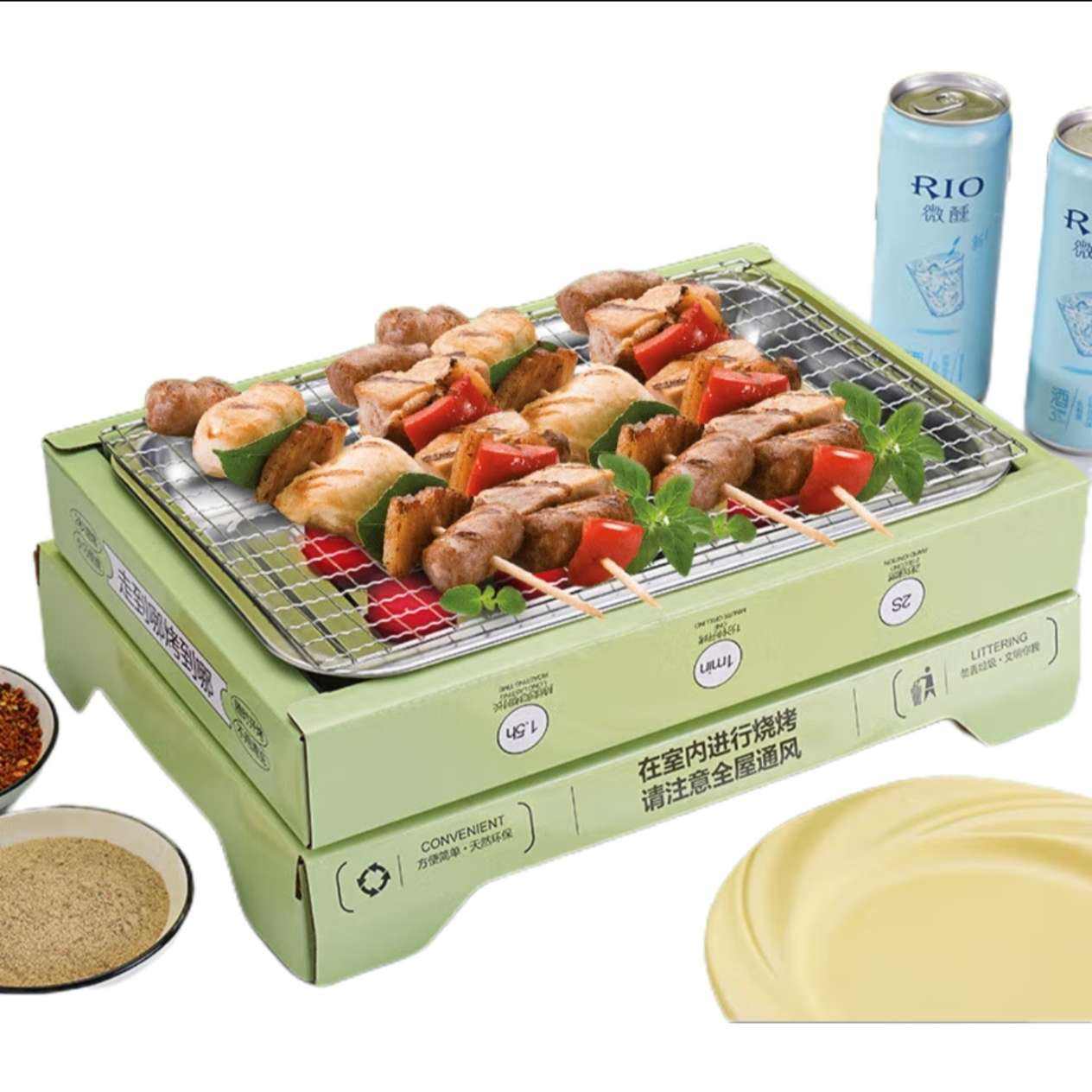 一次性烧烤炉家庭无烟碳烤炉露营火烧木炭烧烤架户外烤肉炉便携式 蓝色单层一次性烤炉0碳+夹子 4.75元