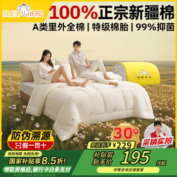睡眠英雄 SleepHero A类抑菌100%新疆棉花秋冬棉被子 里外全棉被芯 6斤 200*230cm