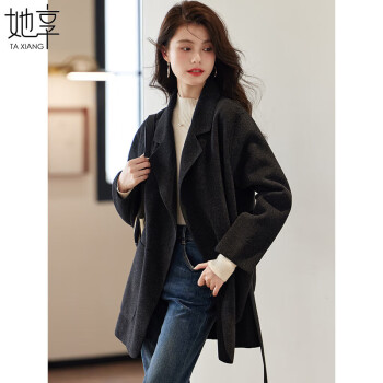她享 女士中长款毛衣大衣 宽松系带双面呢外套 T144G1006