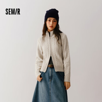 森马 针织开衫女修身正肩温柔系2024冬季高领绞花衣服显瘦109724106003 白色调00411 L