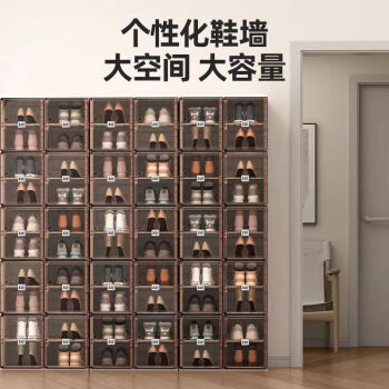 蚂蚁盒子 MAYIHEZI）免安装可折叠鞋盒茶色塑料鞋柜门口收纳防尘防潮鞋盒 2列6层12格