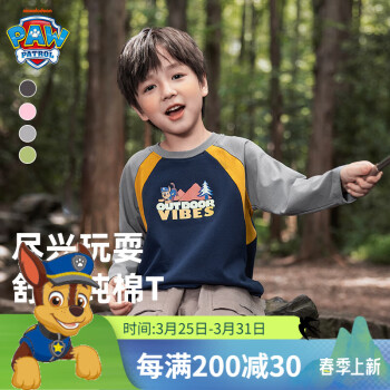 Paw Patrol 汪汪队立大功 儿童长袖T恤插肩撞色袖2024春秋童装韩版拼接打底衫 浅灰 130cm