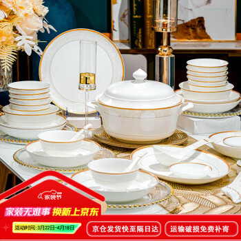 陶弈 景德镇陶瓷碗盘餐具整套碟筷套装乔迁之喜搬家66头 金玉良缘 金玉良缘 66件套