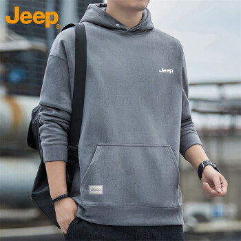 Jeep 卫衣男春秋季宽松连帽长袖T恤男士潮流重磅衣服男装 深灰 XL