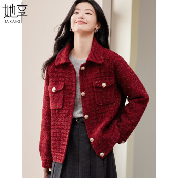 她享 安可拉红夹棉小香风外套新年战袍含羊毛粗花呢加厚外套 T144F6008